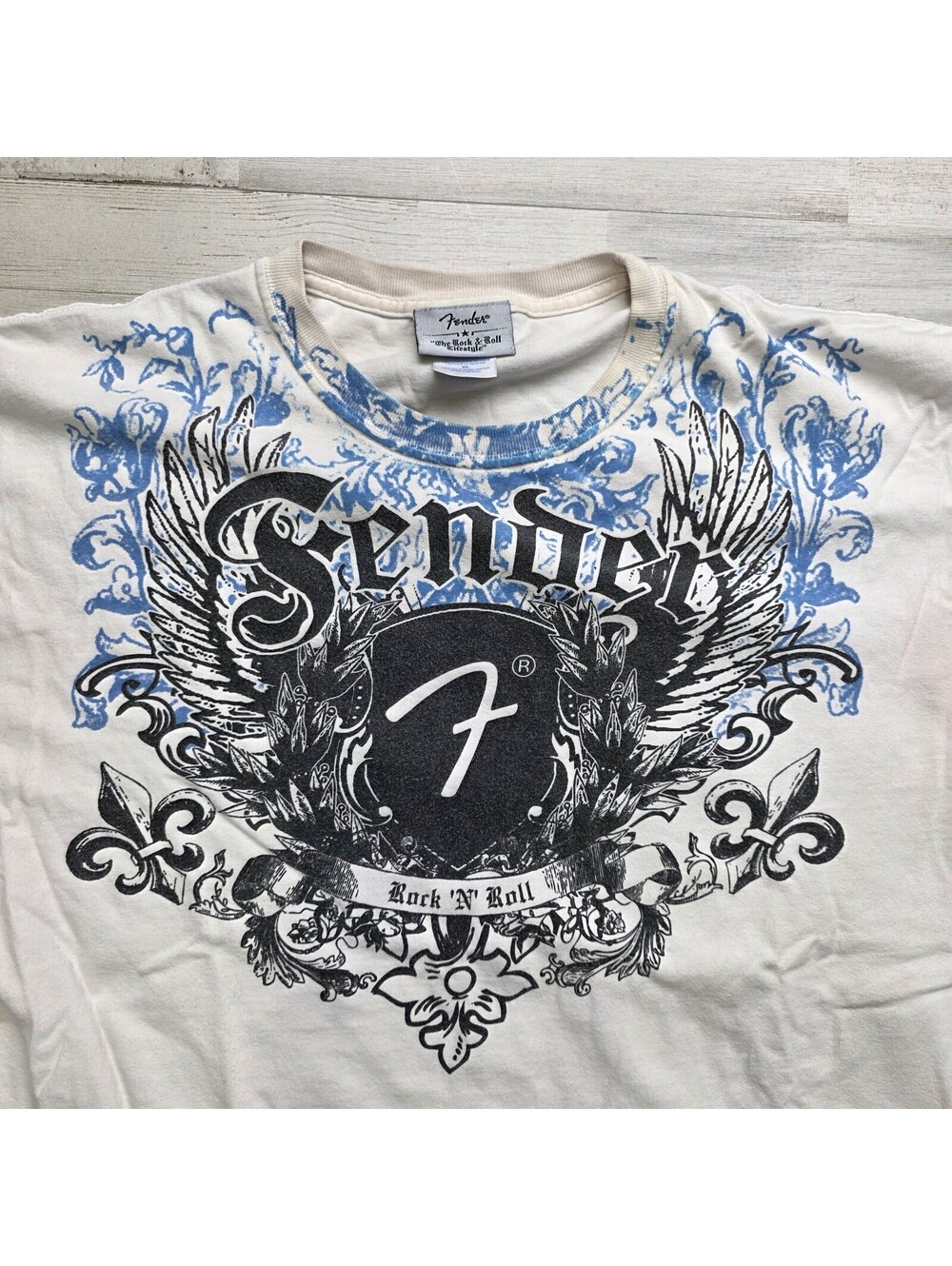 Vintage Y2K Fender Guitar T-Shirt Mens XL White Spellout Rock & Roll Graphic Tee